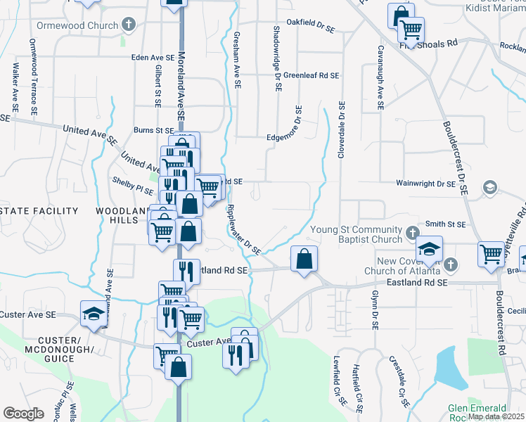 map of restaurants, bars, coffee shops, grocery stores, and more near 1353 Skyhaven Road Southeast in Atlanta