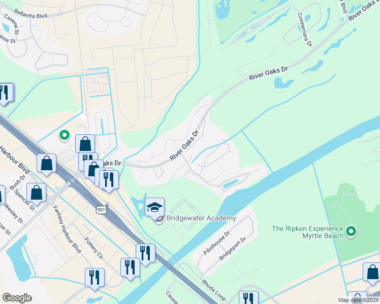 map of restaurants, bars, coffee shops, grocery stores, and more near 612 River Oaks Drive in Myrtle Beach