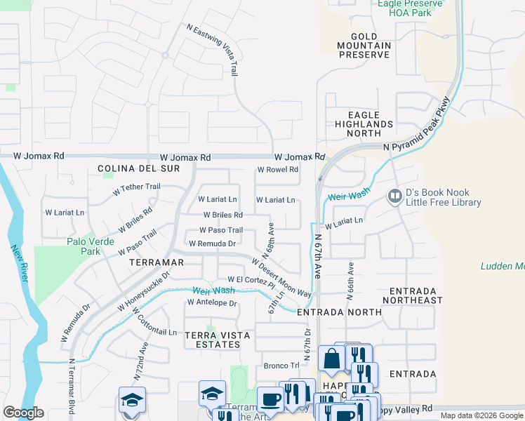 map of restaurants, bars, coffee shops, grocery stores, and more near 6786 West Lariate Lane in Peoria