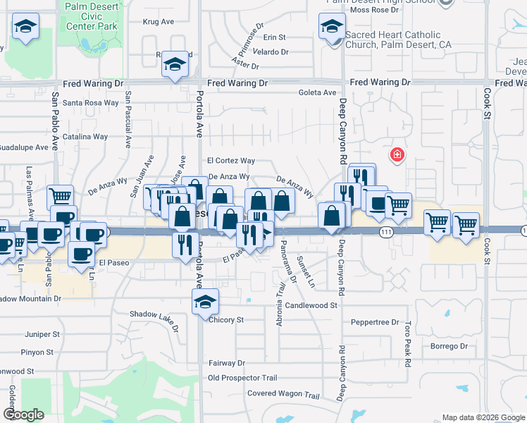 map of restaurants, bars, coffee shops, grocery stores, and more near 44781 Santa Anita Avenue in Palm Desert