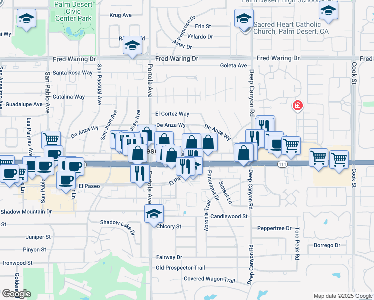 map of restaurants, bars, coffee shops, grocery stores, and more near 44781 Santa Anita Avenue in Palm Desert