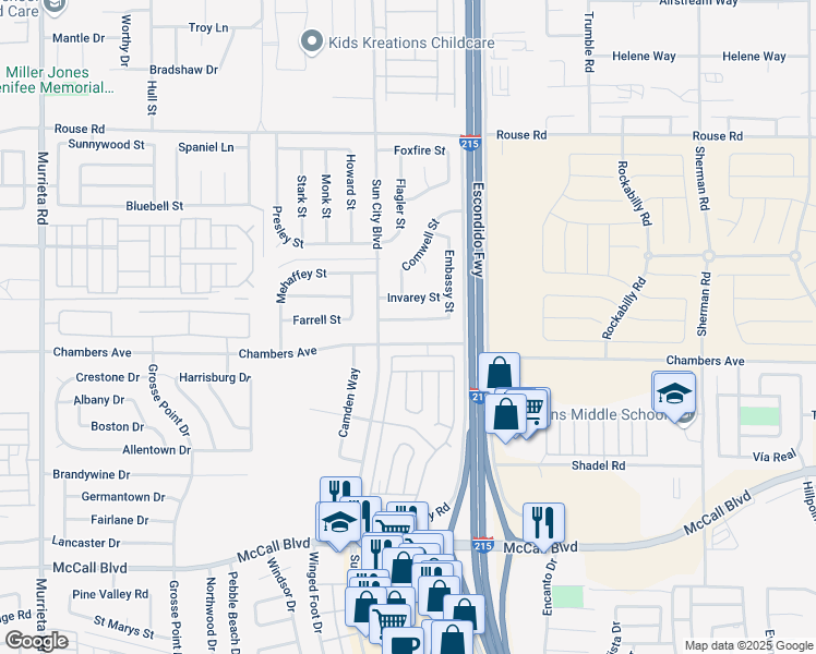 map of restaurants, bars, coffee shops, grocery stores, and more near 26810 Invarey Street in Menifee