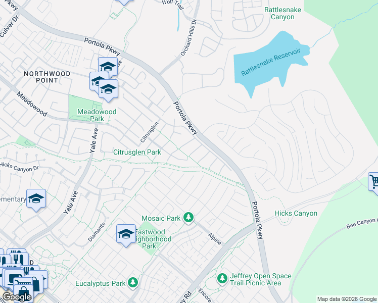 map of restaurants, bars, coffee shops, grocery stores, and more near 14 Azalea in Irvine