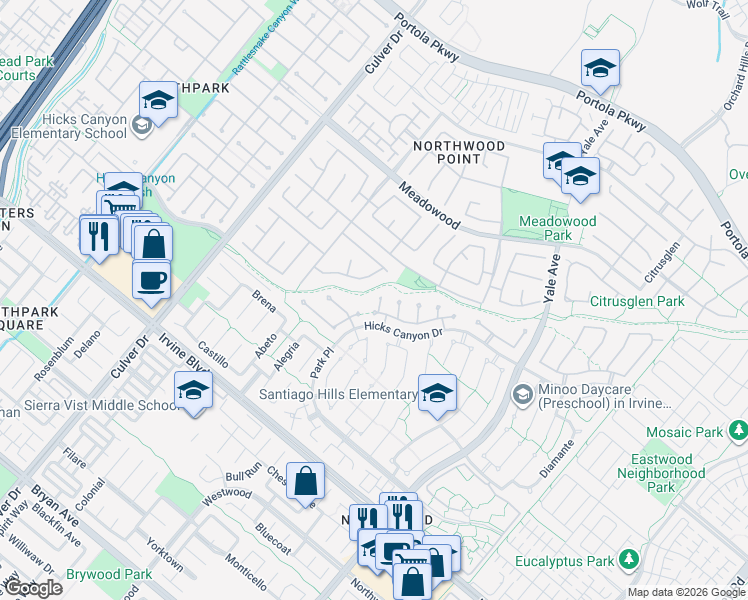 map of restaurants, bars, coffee shops, grocery stores, and more near 10 Hidden Creek Drive in Irvine