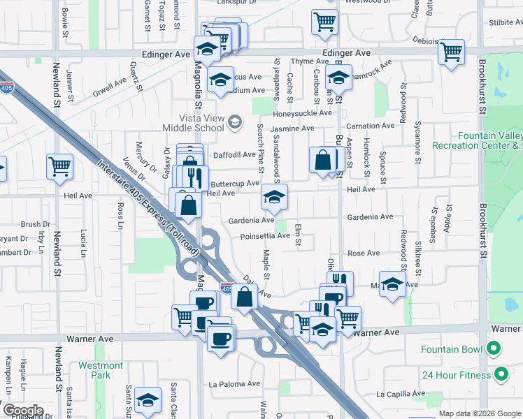 map of restaurants, bars, coffee shops, grocery stores, and more near 16516 Walnut Street in Fountain Valley