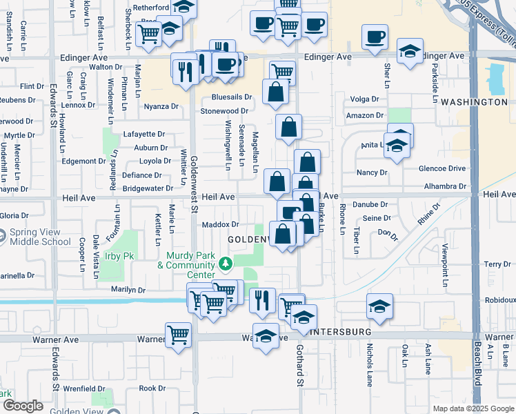 map of restaurants, bars, coffee shops, grocery stores, and more near 7236 Heil Avenue in Huntington Beach