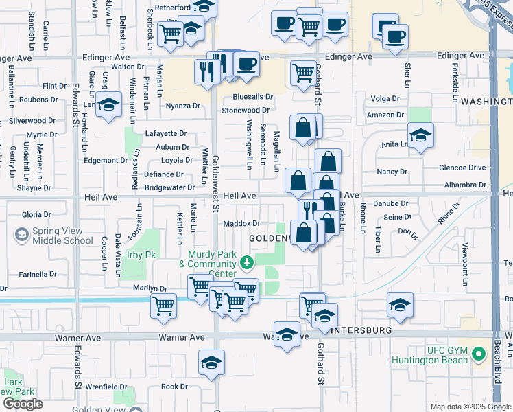 map of restaurants, bars, coffee shops, grocery stores, and more near 7161 Heil Avenue in Huntington Beach