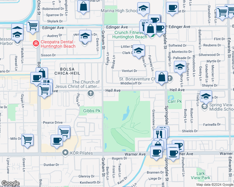 map of restaurants, bars, coffee shops, grocery stores, and more near 5631 Heil Avenue in Huntington Beach