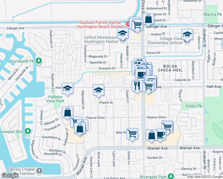 map of restaurants, bars, coffee shops, grocery stores, and more near 4841 Heil Avenue in Huntington Beach
