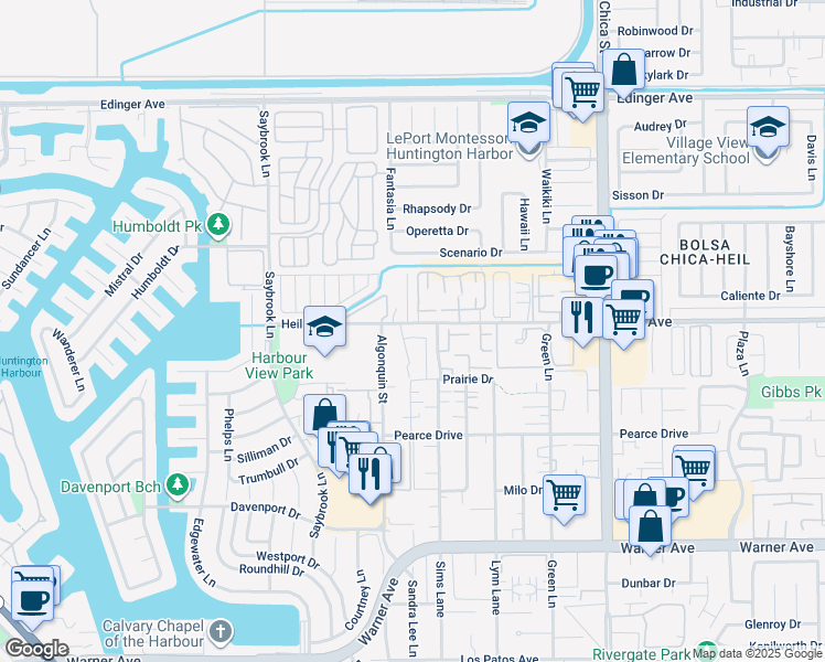 map of restaurants, bars, coffee shops, grocery stores, and more near 4603 Via Vista Circle in Huntington Beach
