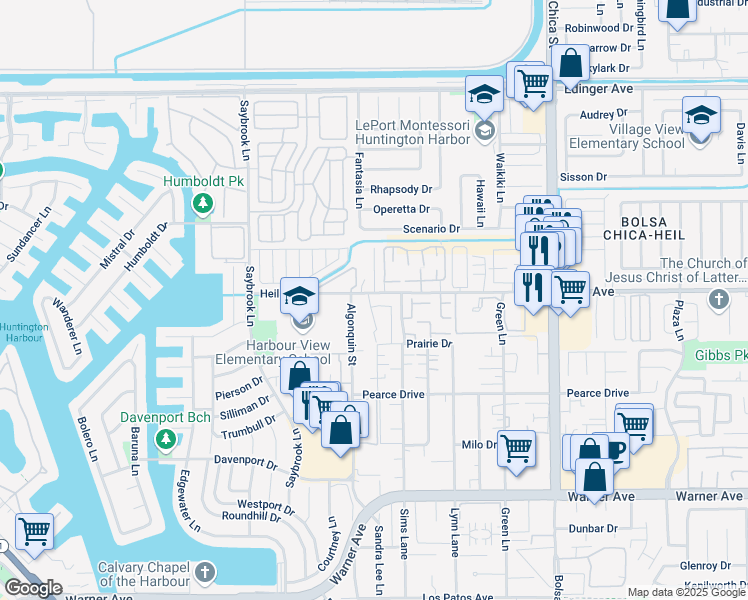 map of restaurants, bars, coffee shops, grocery stores, and more near 4603 Via Vista Circle in Huntington Beach