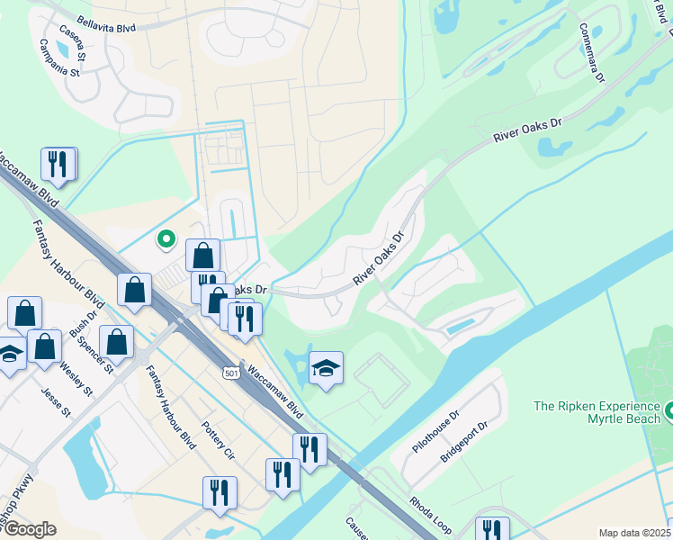 map of restaurants, bars, coffee shops, grocery stores, and more near 20 White River Drive in Myrtle Beach