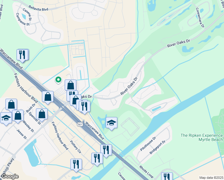 map of restaurants, bars, coffee shops, grocery stores, and more near 20 White River Drive in Myrtle Beach
