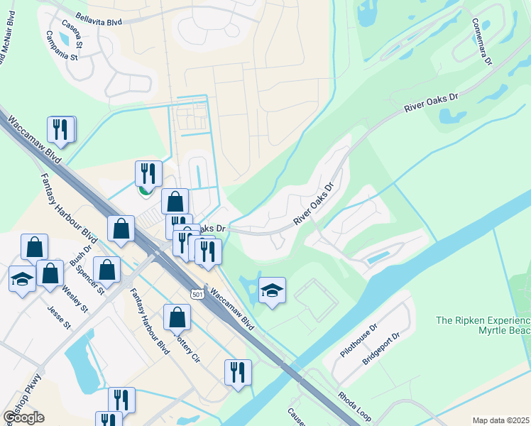 map of restaurants, bars, coffee shops, grocery stores, and more near 497 White River Drive in Myrtle Beach