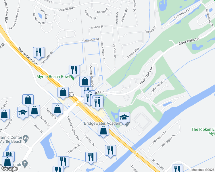 map of restaurants, bars, coffee shops, grocery stores, and more near 453 River Oaks Drive in Myrtle Beach