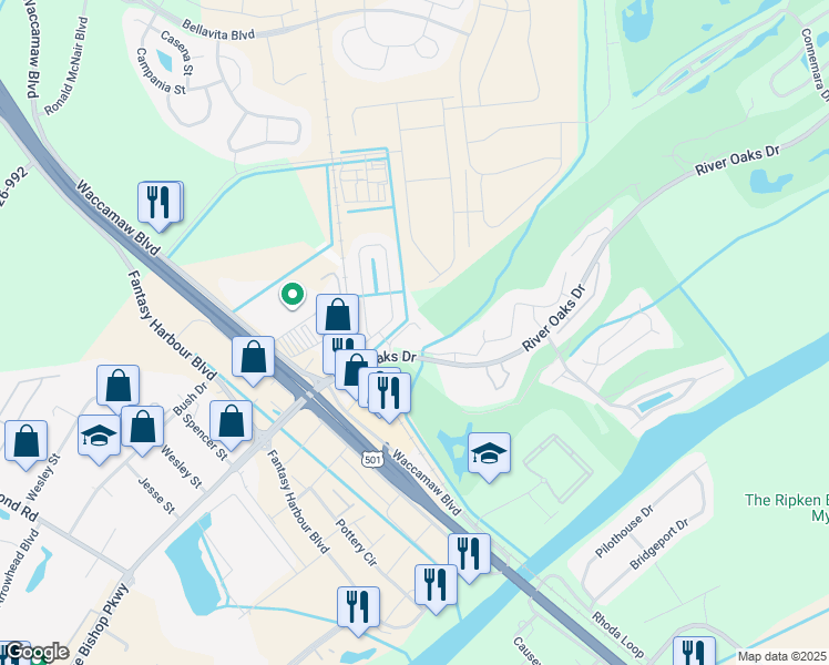 map of restaurants, bars, coffee shops, grocery stores, and more near 453 River Oaks Drive in Myrtle Beach
