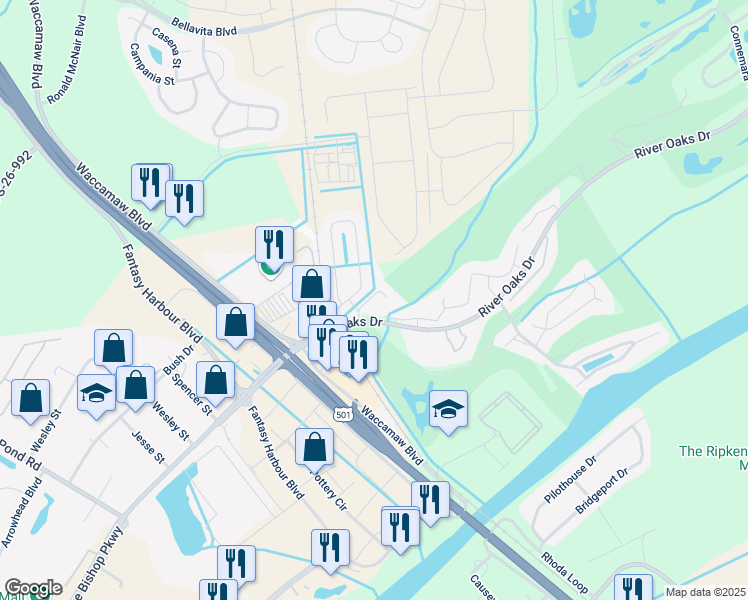 map of restaurants, bars, coffee shops, grocery stores, and more near 530 Cottage Oaks Circle in Myrtle Beach
