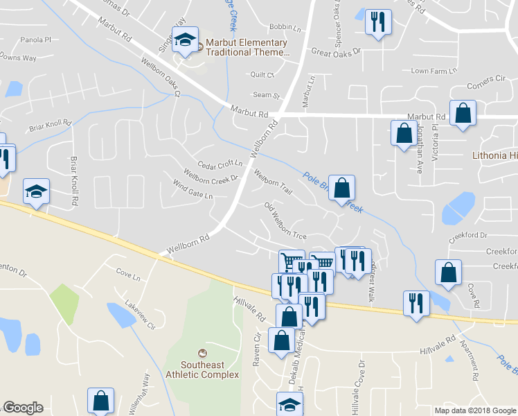 map of restaurants, bars, coffee shops, grocery stores, and more near 2232 Hightrail Court in Lithonia
