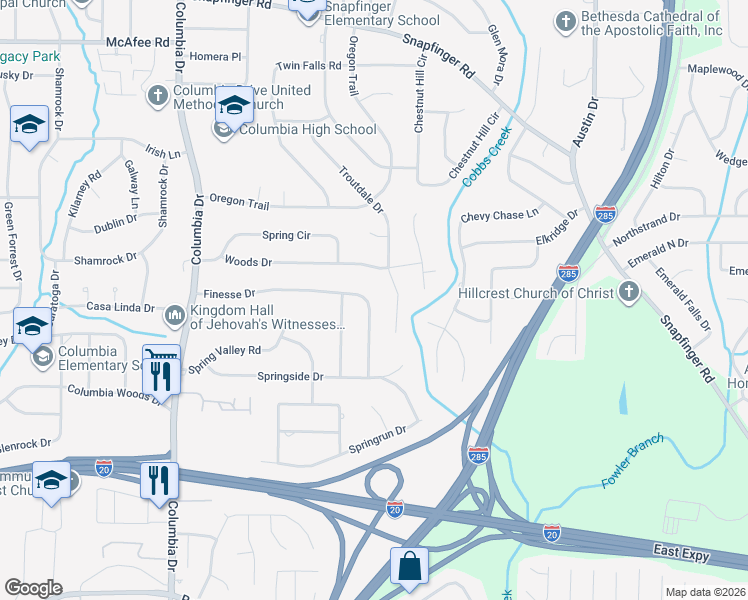 map of restaurants, bars, coffee shops, grocery stores, and more near 3556 Finesse Drive in Decatur
