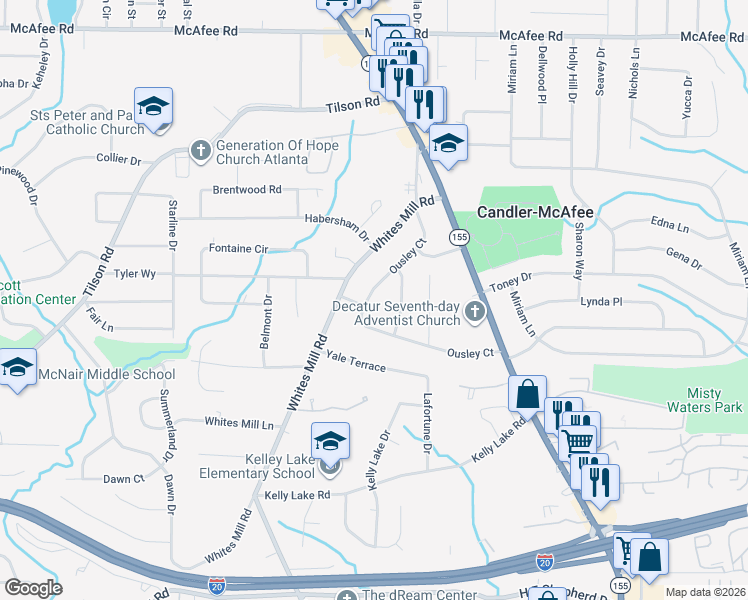 map of restaurants, bars, coffee shops, grocery stores, and more near 2299 Ousley Court in Decatur