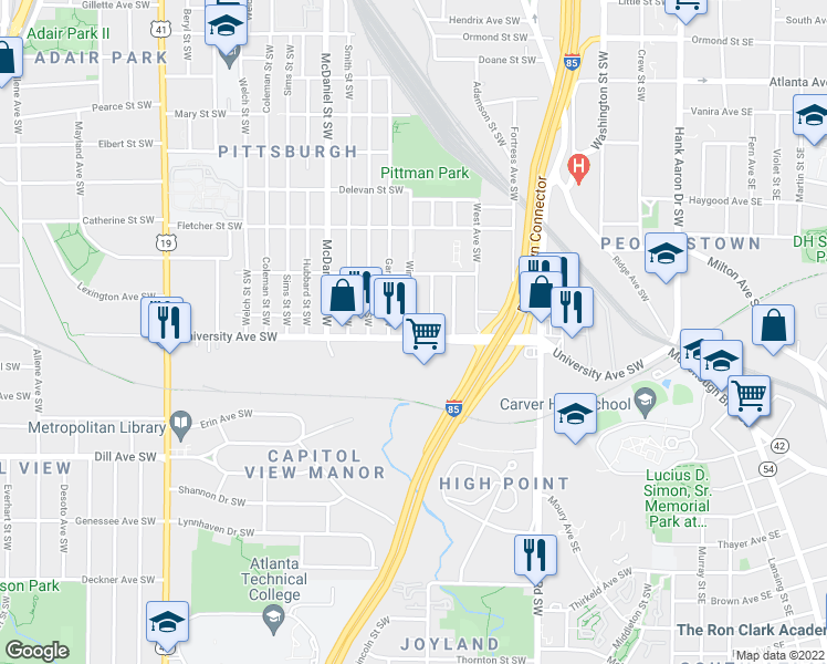 map of restaurants, bars, coffee shops, grocery stores, and more near 311 University Avenue Southwest in Atlanta