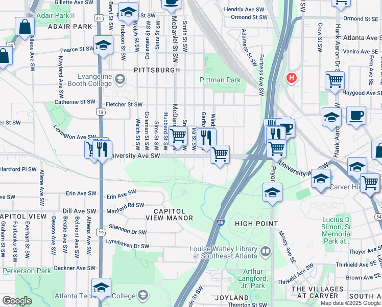 map of restaurants, bars, coffee shops, grocery stores, and more near 1164 Smith Street Southwest in Atlanta