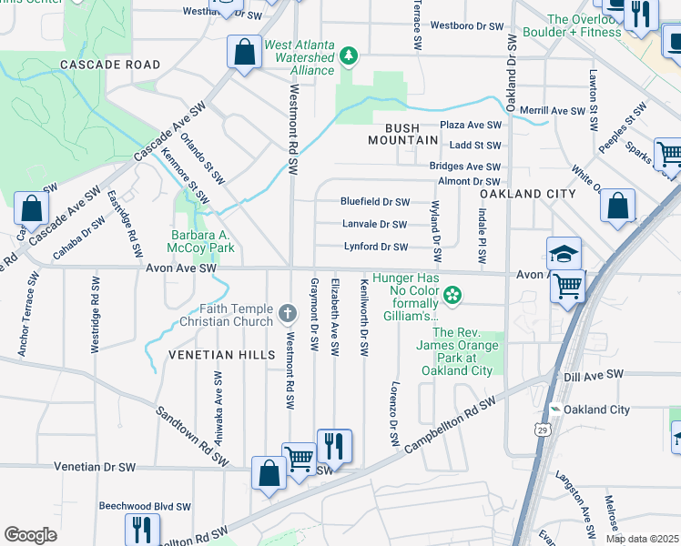 map of restaurants, bars, coffee shops, grocery stores, and more near Elizabeth Avenue Southwest in Atlanta
