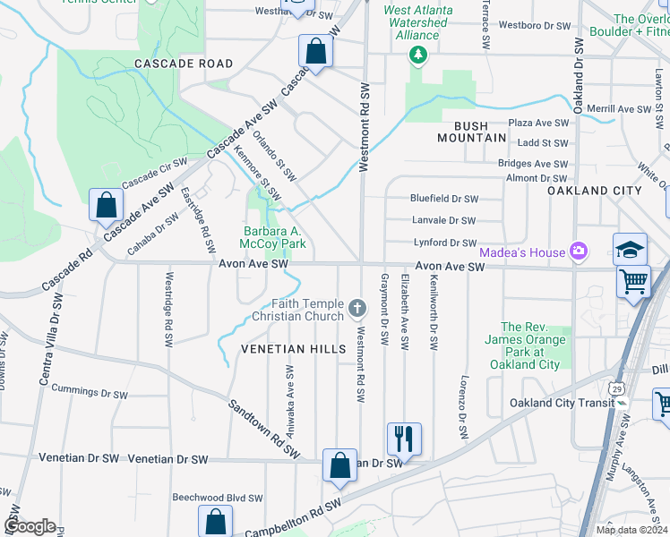 map of restaurants, bars, coffee shops, grocery stores, and more near 1560 Avon Avenue Southwest in Atlanta