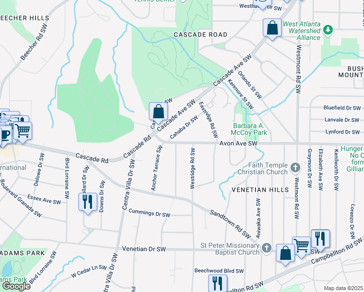 map of restaurants, bars, coffee shops, grocery stores, and more near 1834 Avon Avenue Southwest in Atlanta