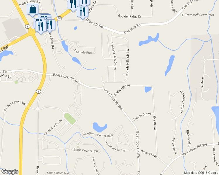 map of restaurants, bars, coffee shops, grocery stores, and more near 5610 Cascade Hills Lane Southwest in Atlanta