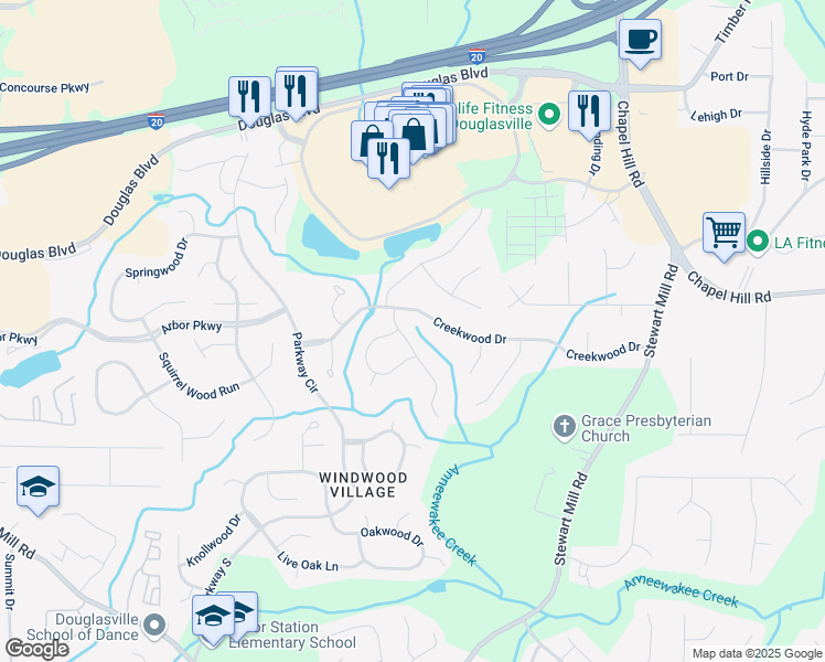 map of restaurants, bars, coffee shops, grocery stores, and more near 8607 Wood Springs Court in Douglasville