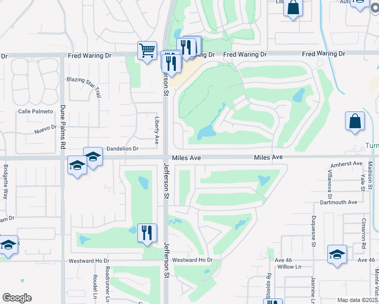 map of restaurants, bars, coffee shops, grocery stores, and more near 80152 Royal Birkdale Drive in Indio