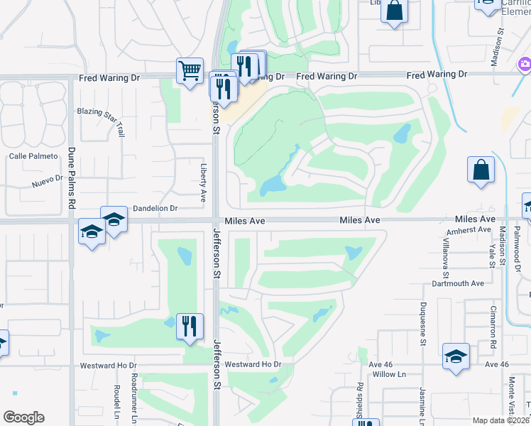 map of restaurants, bars, coffee shops, grocery stores, and more near 80152 Royal Birkdale Drive in Indio