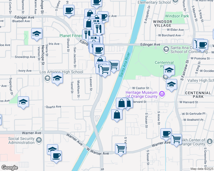 map of restaurants, bars, coffee shops, grocery stores, and more near 16560 Harbor Boulevard in Fountain Valley