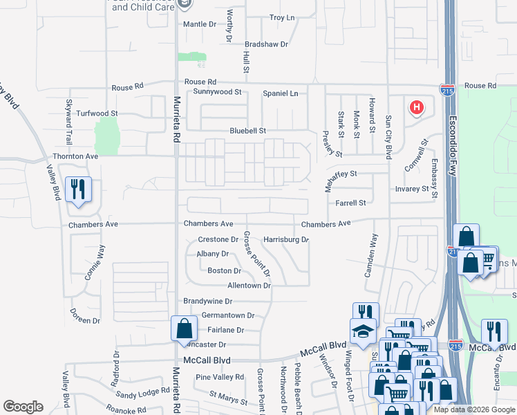 map of restaurants, bars, coffee shops, grocery stores, and more near 26244 Leos Trail in Menifee