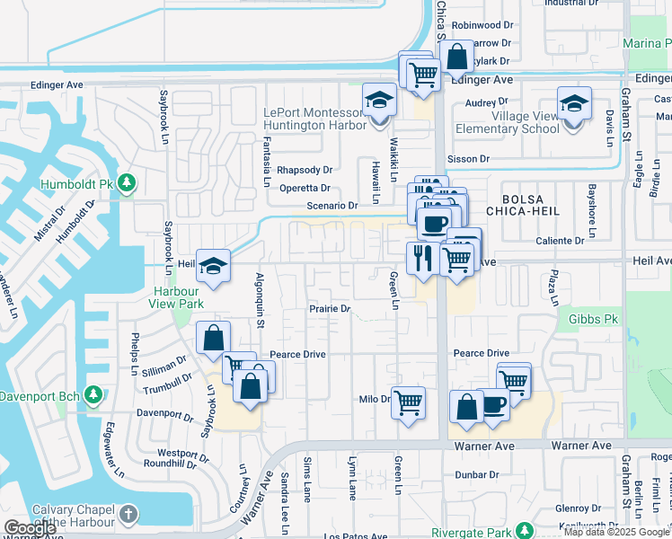 map of restaurants, bars, coffee shops, grocery stores, and more near 16505 Caballero Lane in Huntington Beach