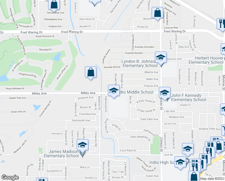map of restaurants, bars, coffee shops, grocery stores, and more near 81104 Miles Avenue in Indio