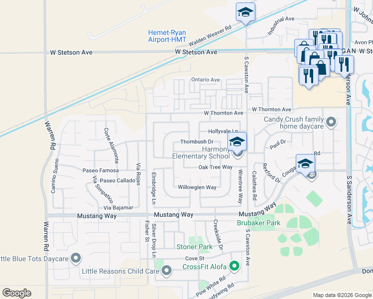 map of restaurants, bars, coffee shops, grocery stores, and more near 4630 Ferngreen Drive in Hemet
