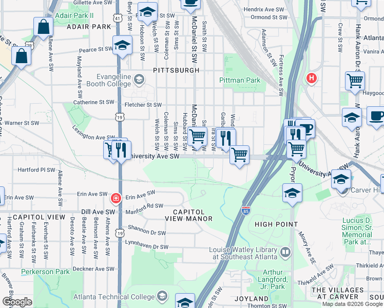 map of restaurants, bars, coffee shops, grocery stores, and more near 1169 McDaniel Street Southwest in Atlanta