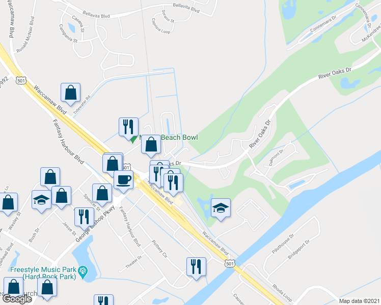 map of restaurants, bars, coffee shops, grocery stores, and more near 457 Red River Court in Myrtle Beach