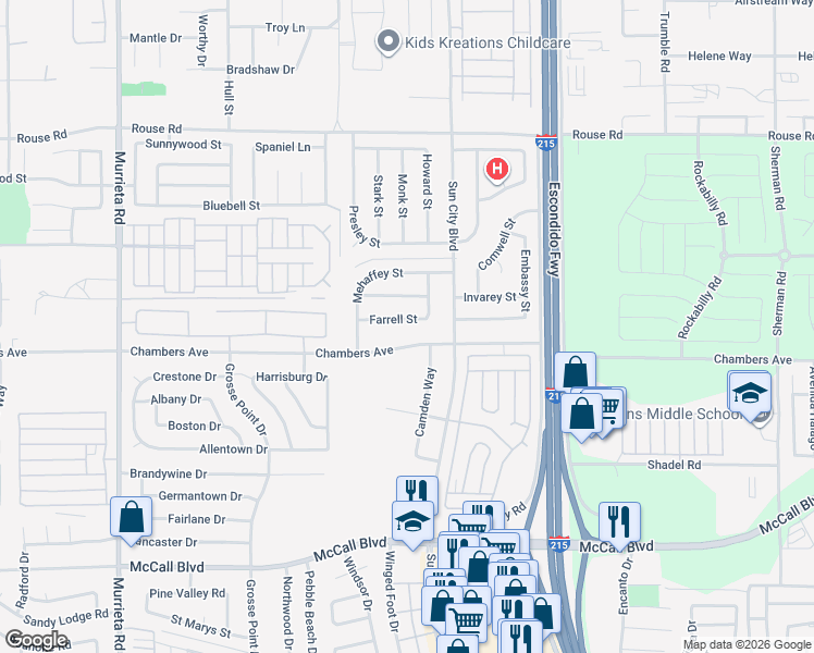 map of restaurants, bars, coffee shops, grocery stores, and more near 26601 Farrell Street in Menifee