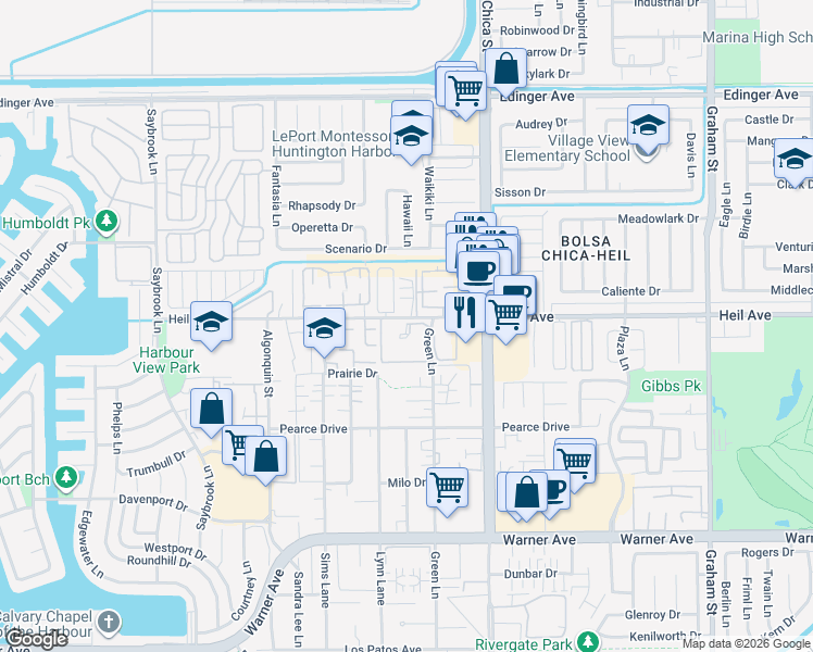map of restaurants, bars, coffee shops, grocery stores, and more near 4852 Cabana Drive in Huntington Beach