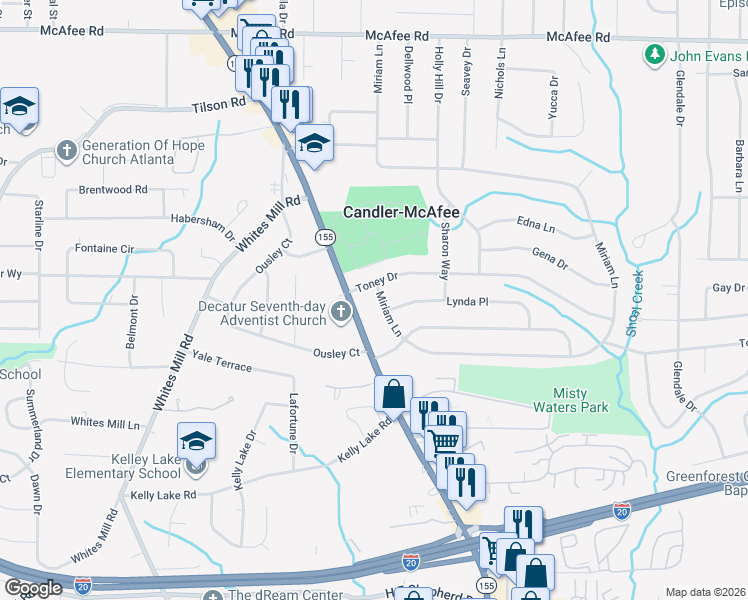 map of restaurants, bars, coffee shops, grocery stores, and more near 2808 Miriam Lane in Decatur