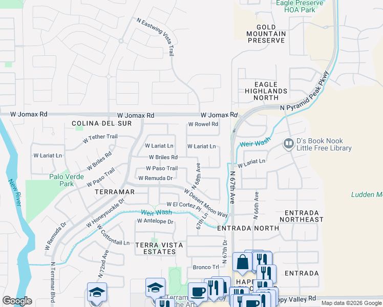 map of restaurants, bars, coffee shops, grocery stores, and more near 6786 West Lariate Lane in Peoria