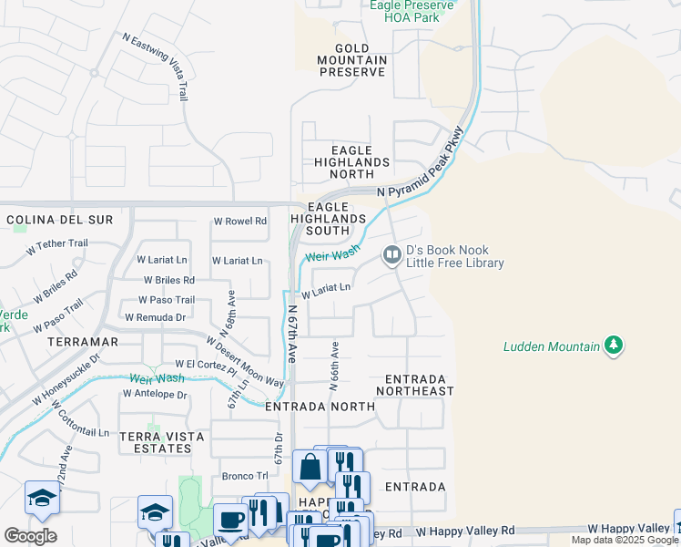 map of restaurants, bars, coffee shops, grocery stores, and more near 6610 West Briles Road in Phoenix