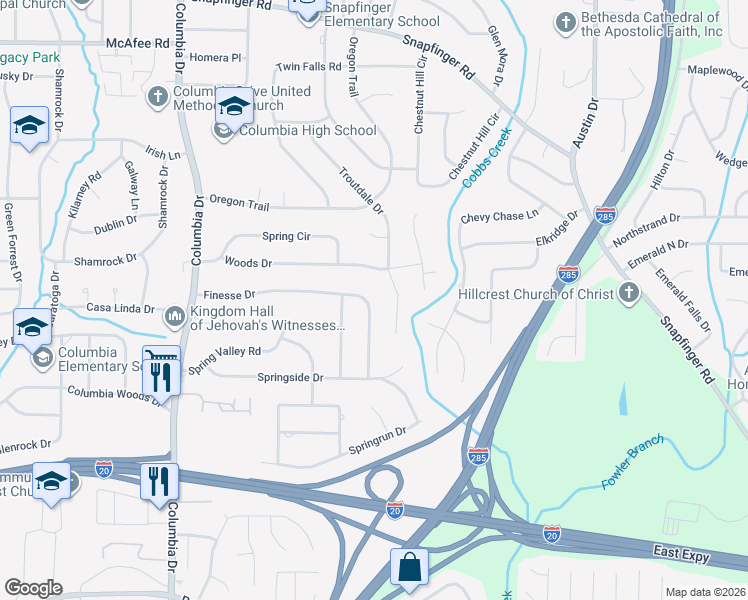 map of restaurants, bars, coffee shops, grocery stores, and more near 3556 Finesse Drive in Decatur