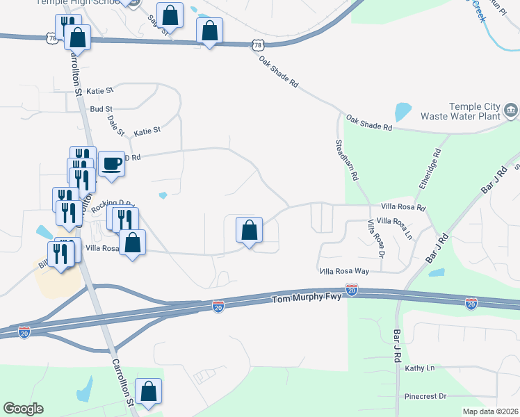 map of restaurants, bars, coffee shops, grocery stores, and more near 260 Hunt Club Circle in Temple