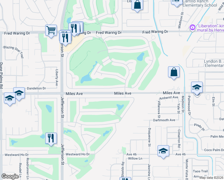 map of restaurants, bars, coffee shops, grocery stores, and more near 80207 Royal Birkdale Drive in Indio