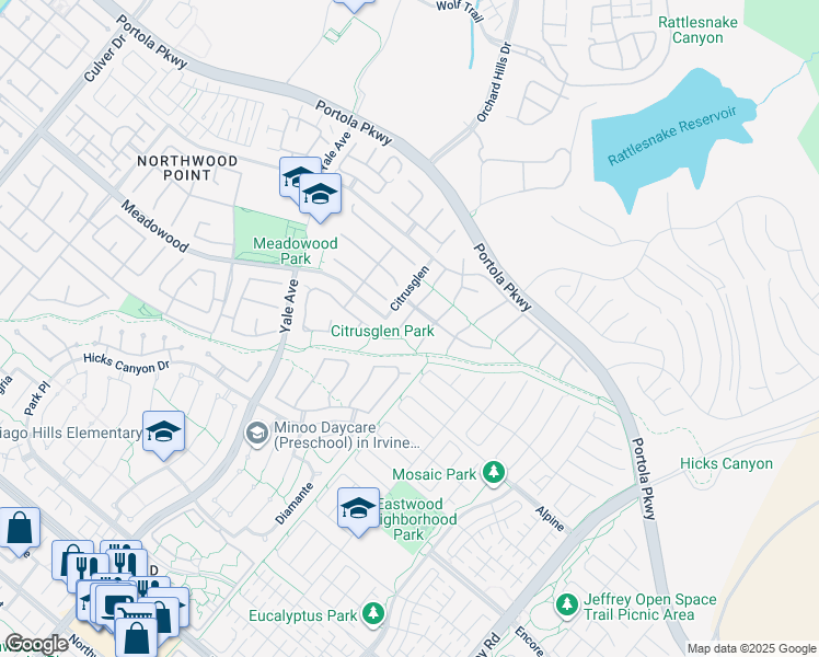 map of restaurants, bars, coffee shops, grocery stores, and more near 6 Montia in Irvine