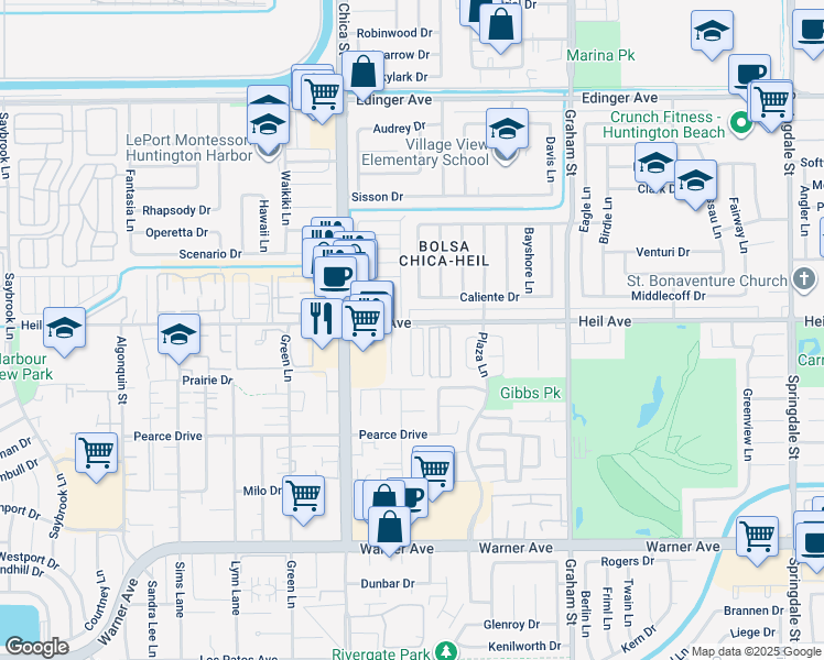 map of restaurants, bars, coffee shops, grocery stores, and more near 5152 Heil Avenue in Huntington Beach